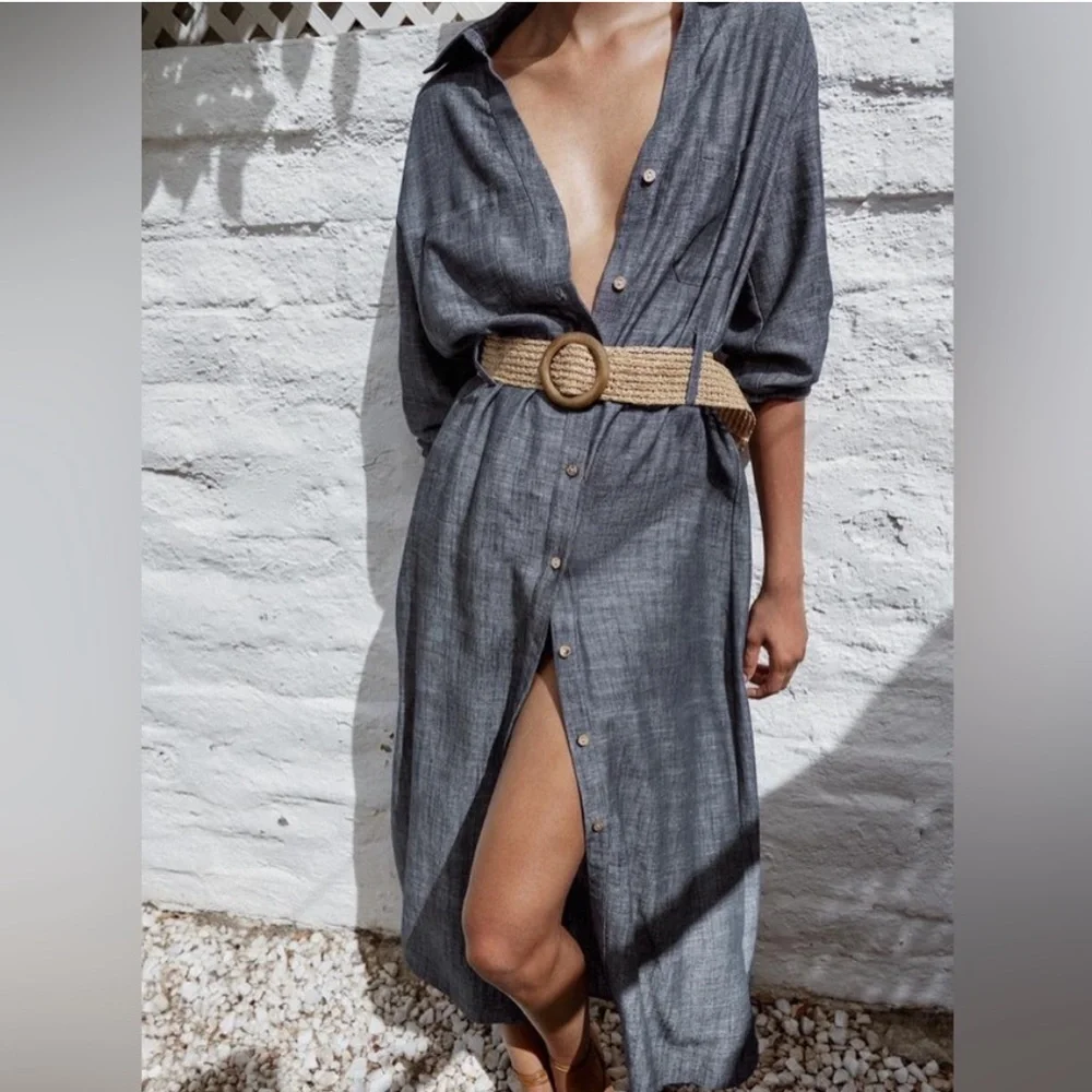 NEW ZARA BELTED LINEN SUMMER ELEGANT MIDI DRESS SIZE S 🚨NO DISCOUNT